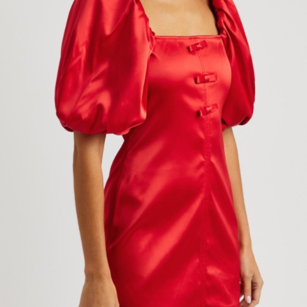 Nwot Ganni Bow-Embellished Red Short Sleeves A-Linesatin Mini Dress Xs $329